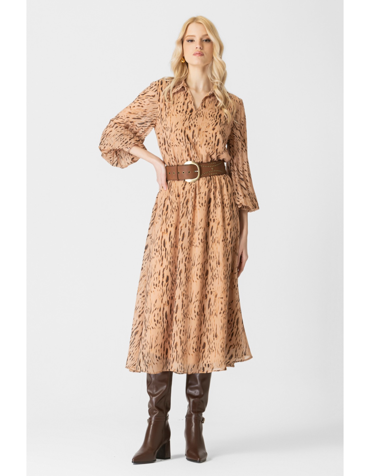 Φόρεμα εμπριμέ διαφάνεια πλισέ μανίκι