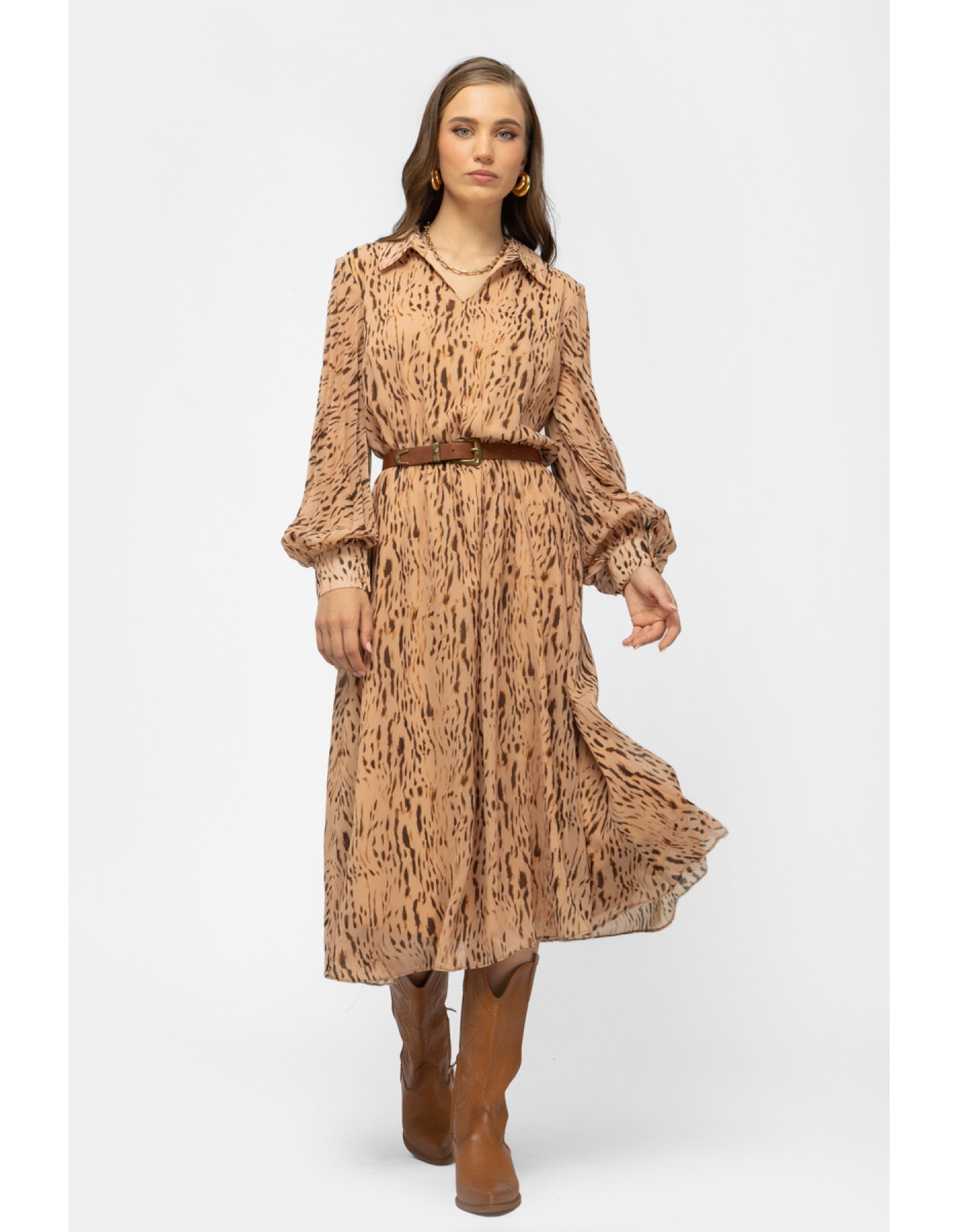 Φόρεμα εμπριμέ διαφάνεια πλισέ μανίκι