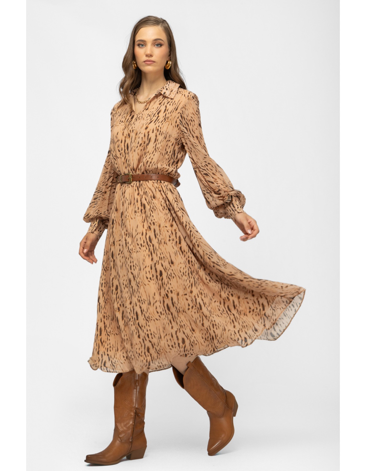 Φόρεμα εμπριμέ διαφάνεια πλισέ μανίκι