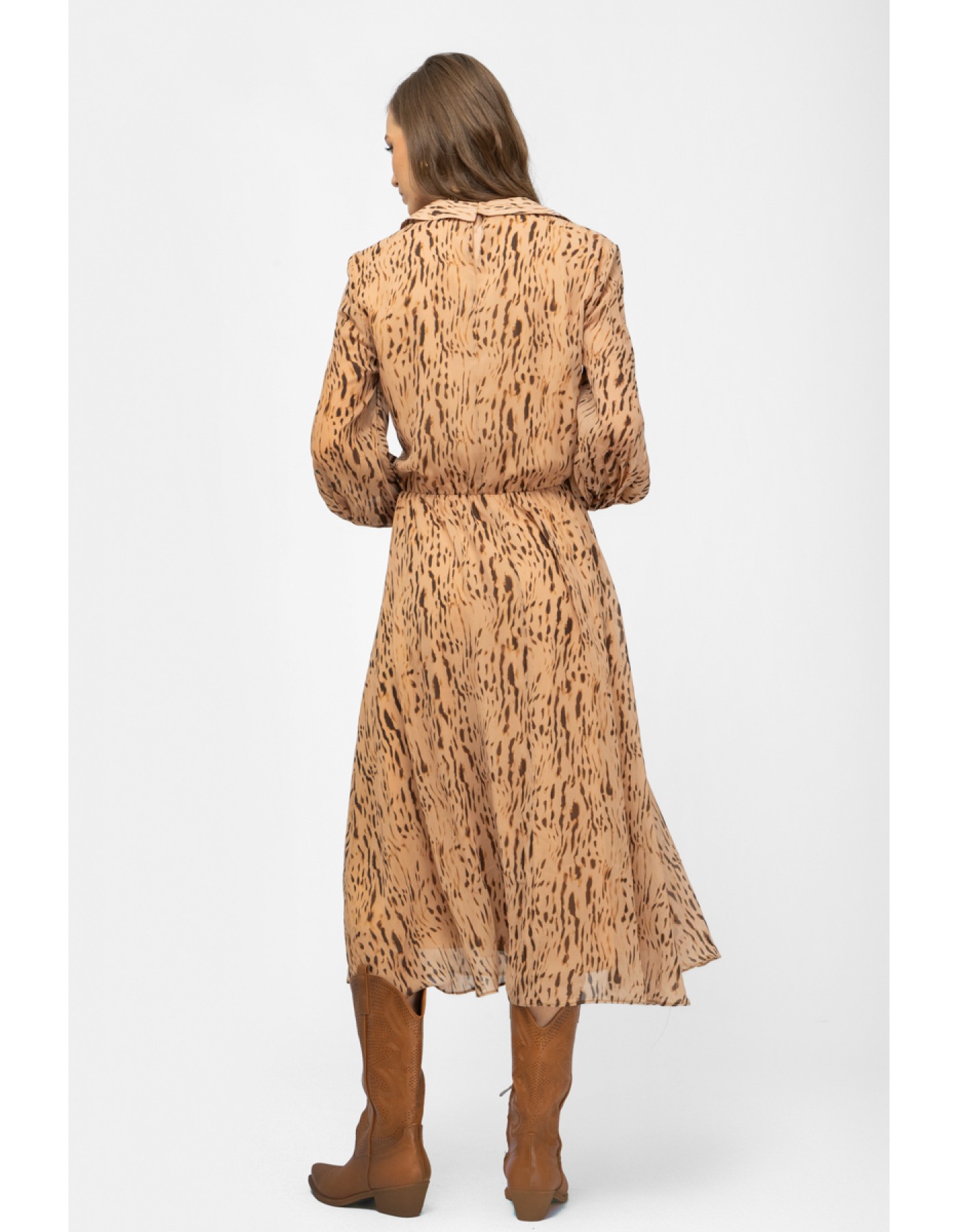 Φόρεμα εμπριμέ διαφάνεια πλισέ μανίκι