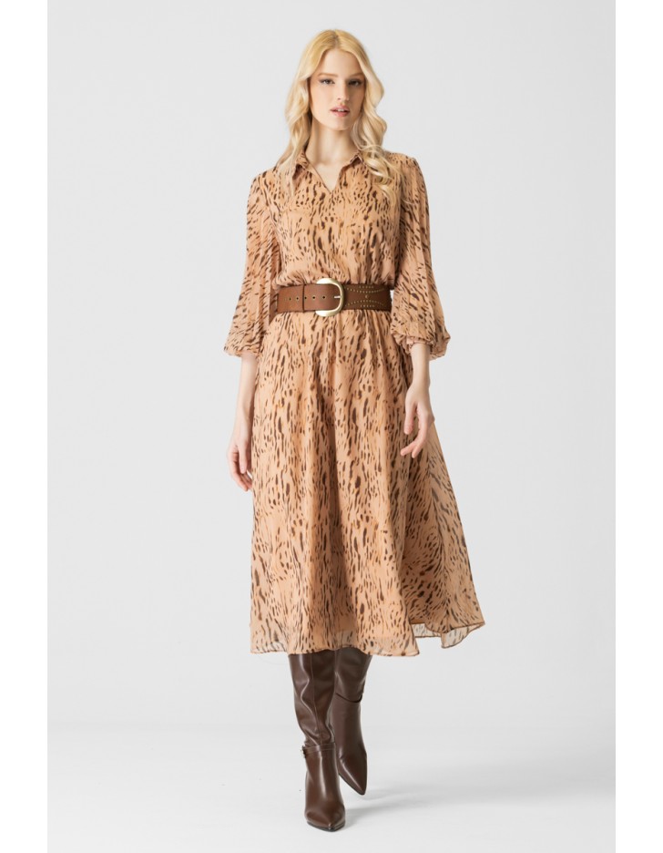 Φόρεμα εμπριμέ διαφάνεια πλισέ μανίκι