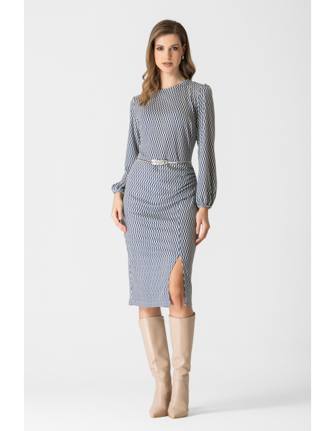 Φόρεμα εμπριμέ πλεχτό ζώνη