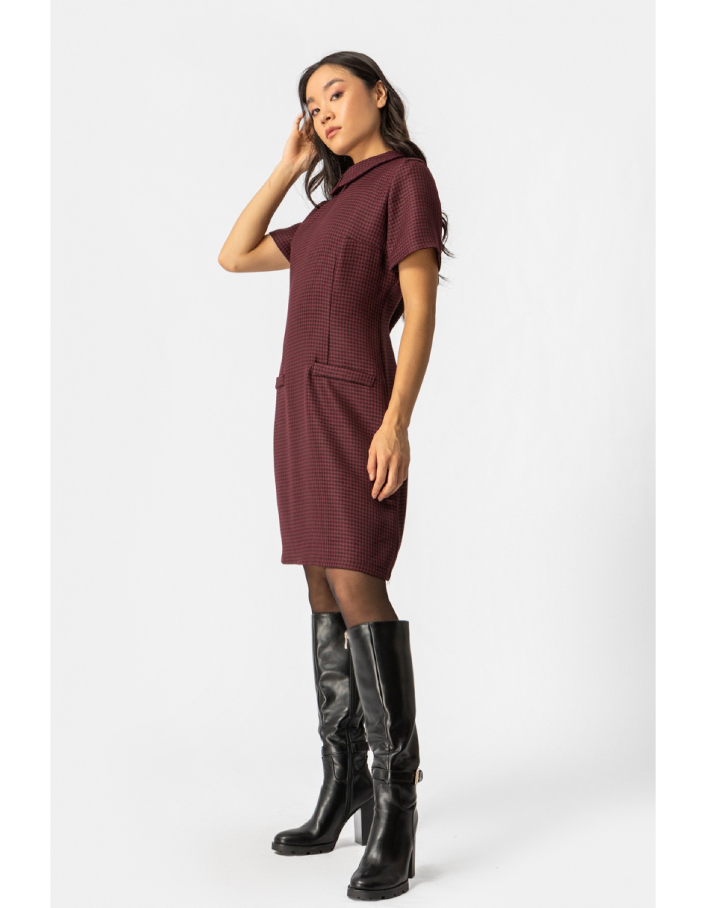 Φόρεμα Pied De Poule Μπορντώ