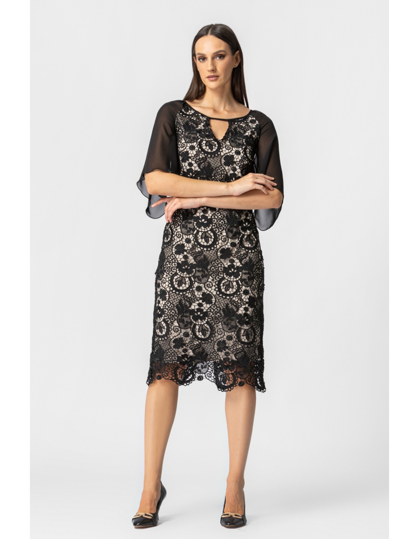 Φόρεμα δαντέλα διαφάνεια μανίκι