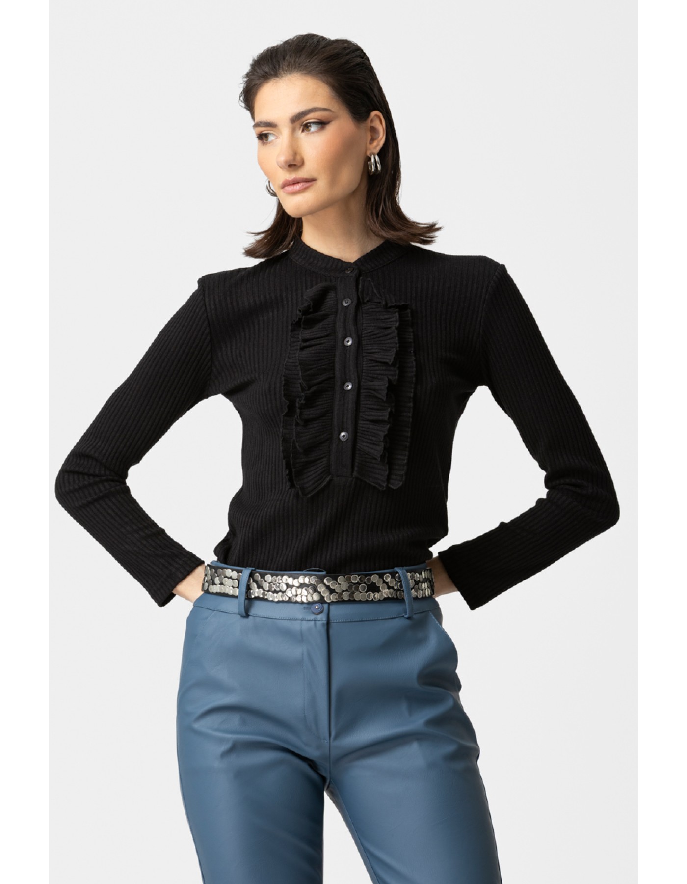 Μπλούζα Rib βολάν πέτο