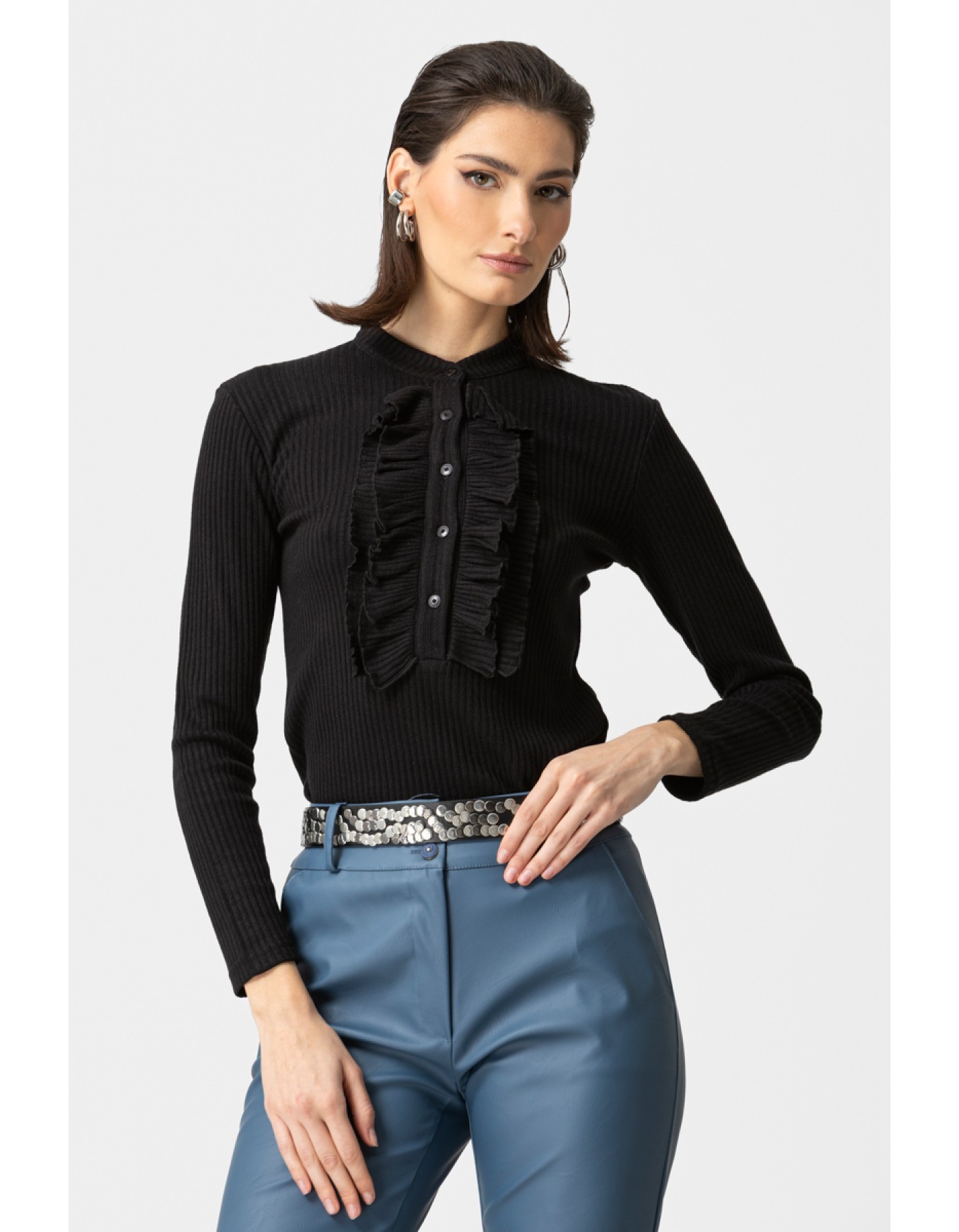 Μπλούζα Rib βολάν πέτο