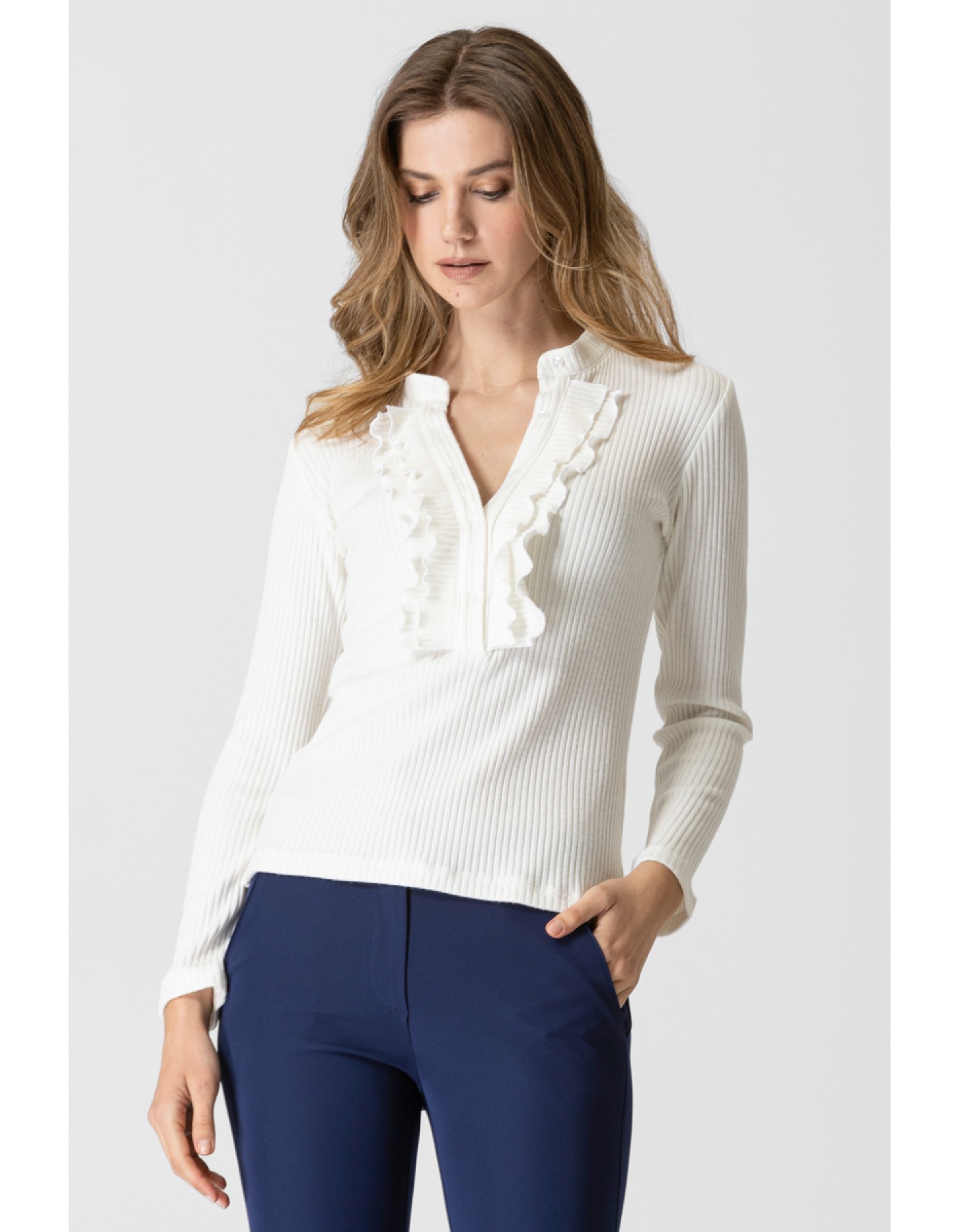 Μπλούζα Rib βολάν πέτο