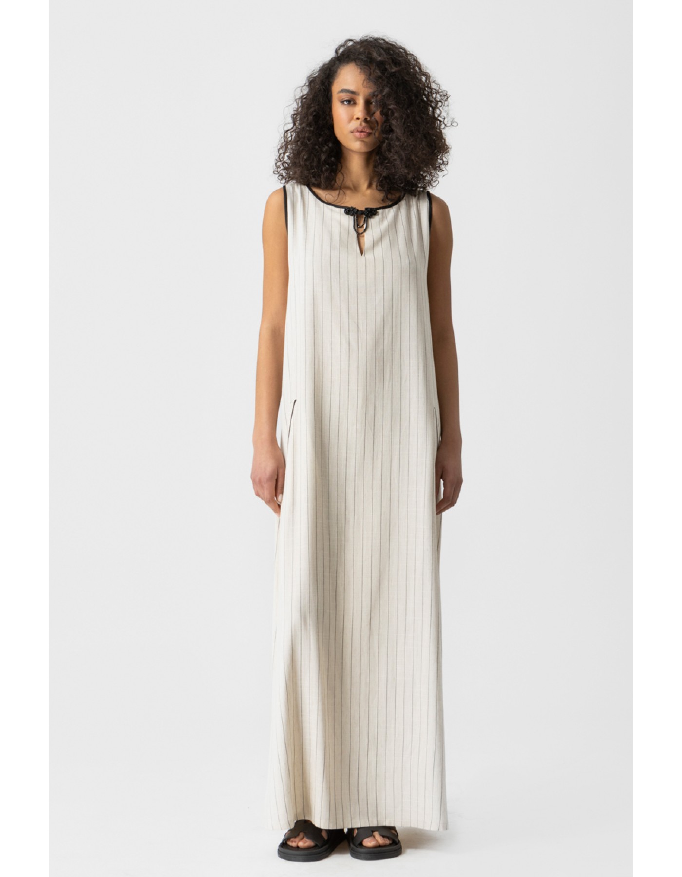 Φόρεμα ριγέ λινάρι Αμάνικο