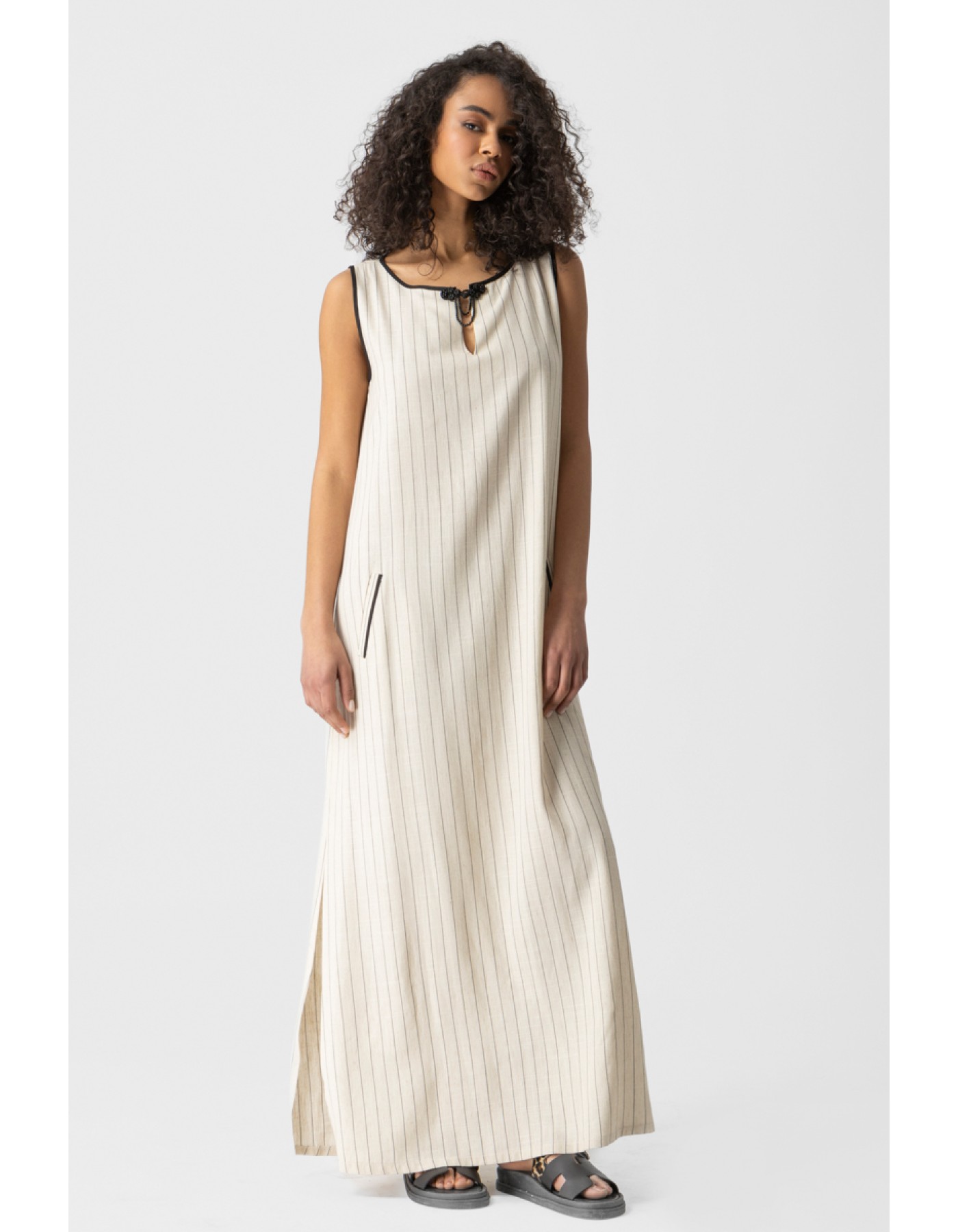 Φόρεμα ριγέ λινάρι Αμάνικο