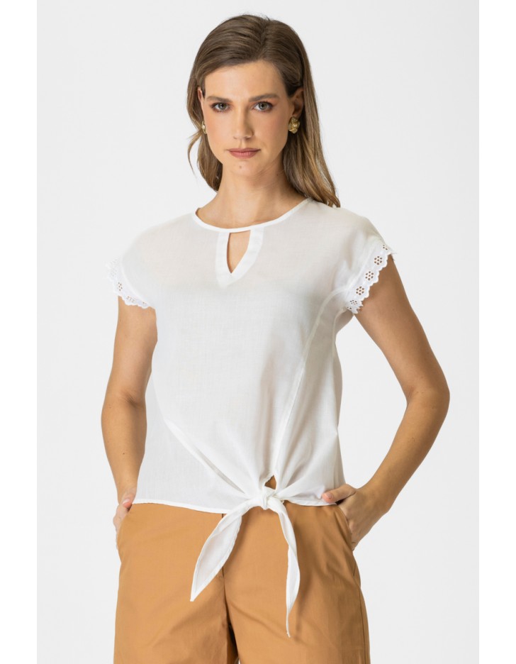 Μπλούζα βουάλ με δαντέλα και δέσιμο Yuli